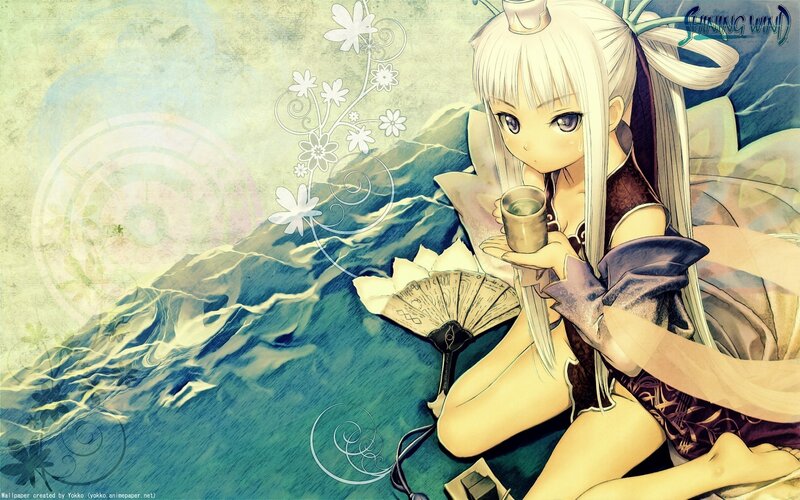 anime girl with fan and cup