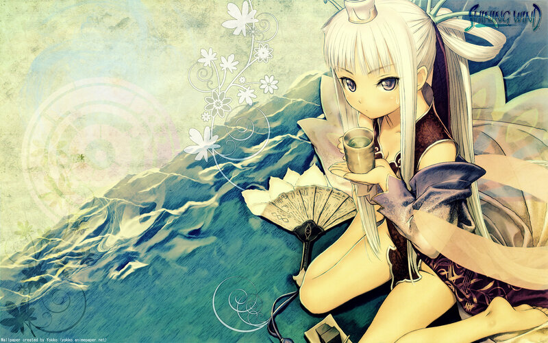 Anime girl with fan and cup