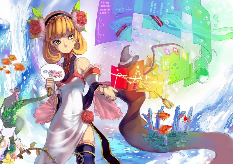 anime girl with fan and fish