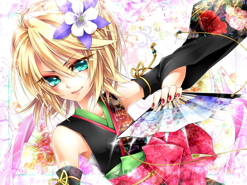 anime girl with fan and flower