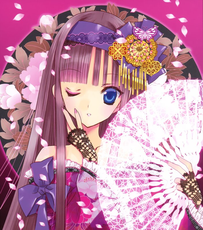 anime girl with fan and flowers