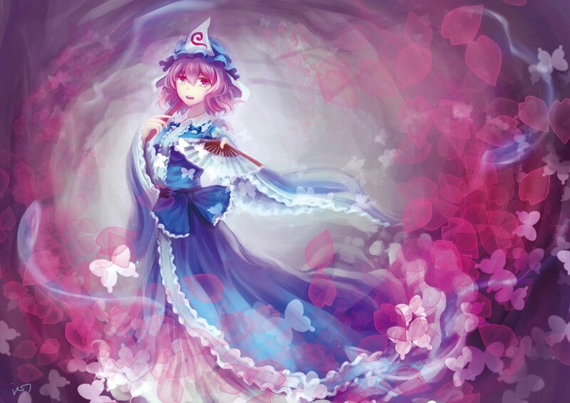 anime girl with fan and hat