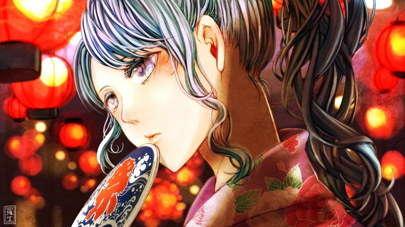 anime girl with fan and lanterns