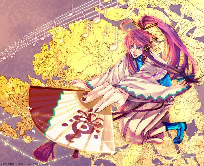 Anime girl with fan and music notes