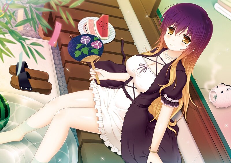 Anime girl with fan and watermelon