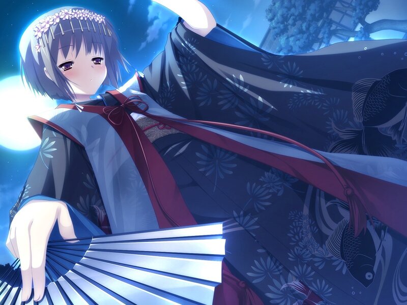 anime girl with fan at night
