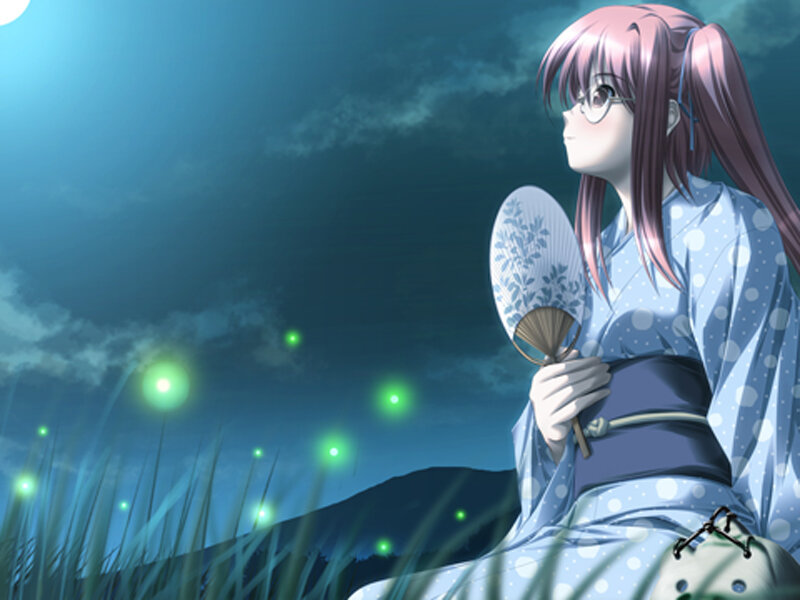 Anime girl with fan at night