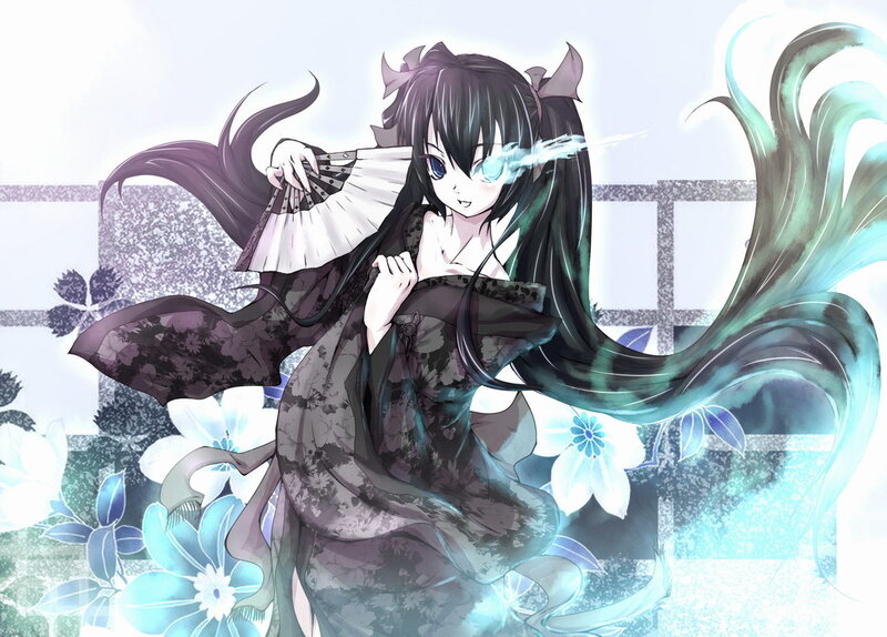 Anime Girl with Fan — Black, Dramatic, Digital Art, Kimono, Flowers