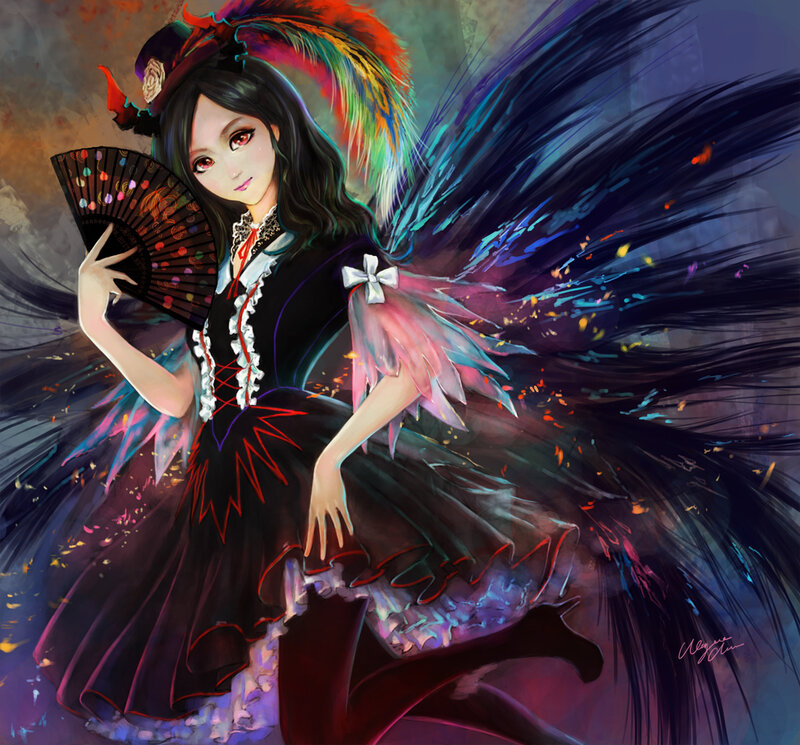 Anime Girl with Fan — Black, Dramatic, Digital Art