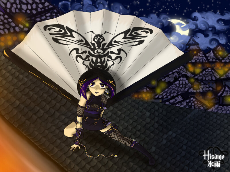 Anime Girl with Fan — Black