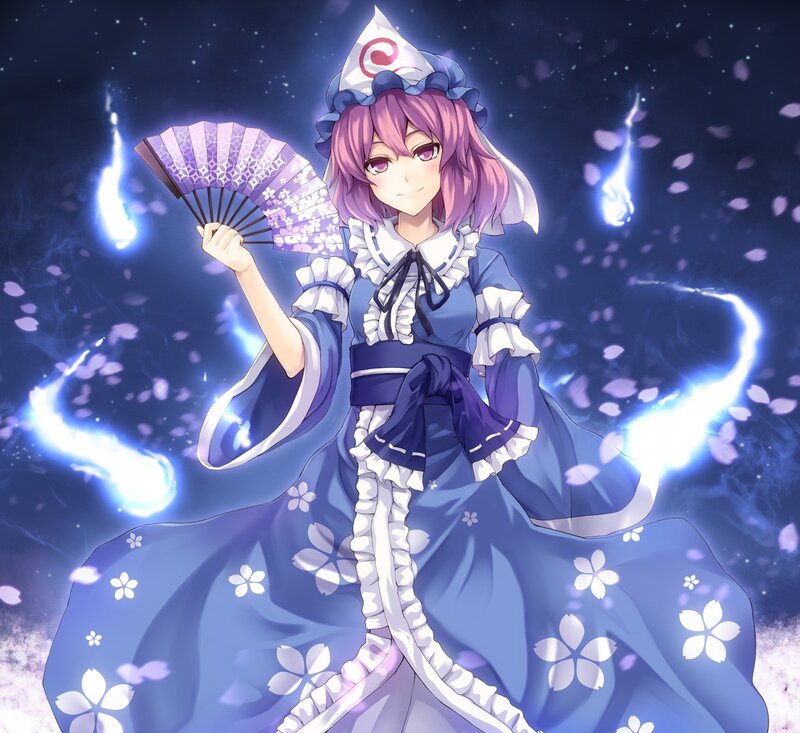 Anime Girl with Fan — Blue, Dramatic, Night, Digital Art, Sakura Petals