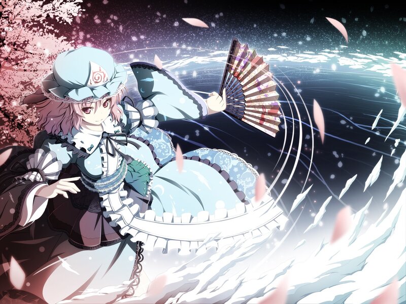 Anime Girl with Fan — Blue, Dramatic, Spring, Cherry Blossoms
