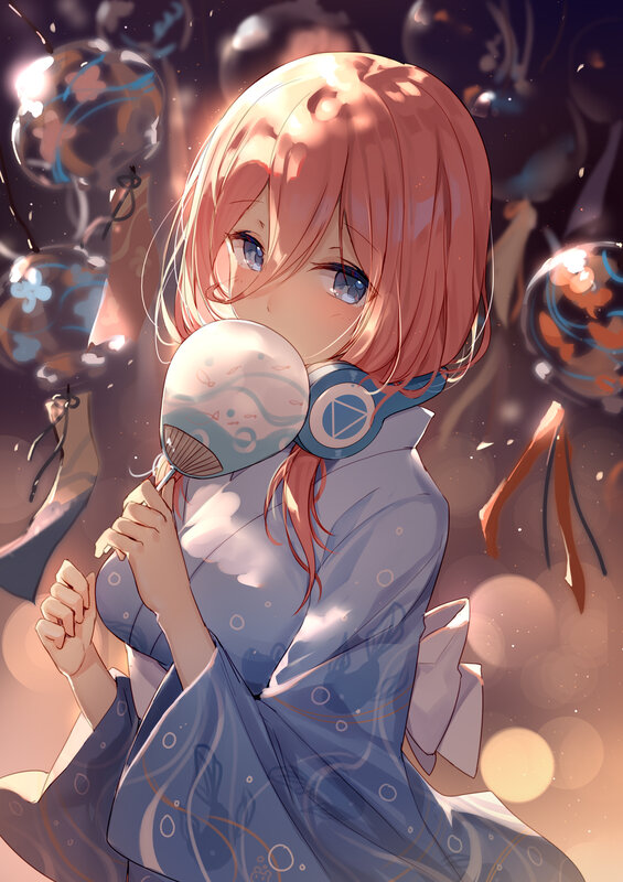 Anime Girl with Fan — Blue, Dreamy, Night, Digital Art