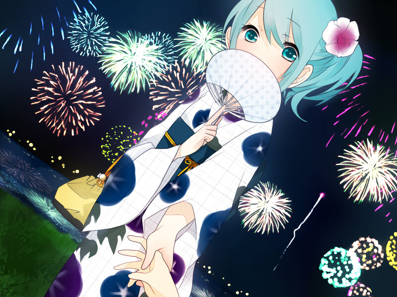 Anime Girl with Fan — Blue, Festive