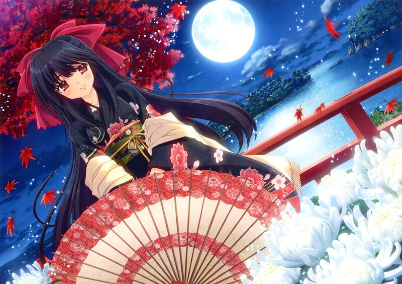 Anime Girl with Fan — Blue, Serene, Night, Full Moon