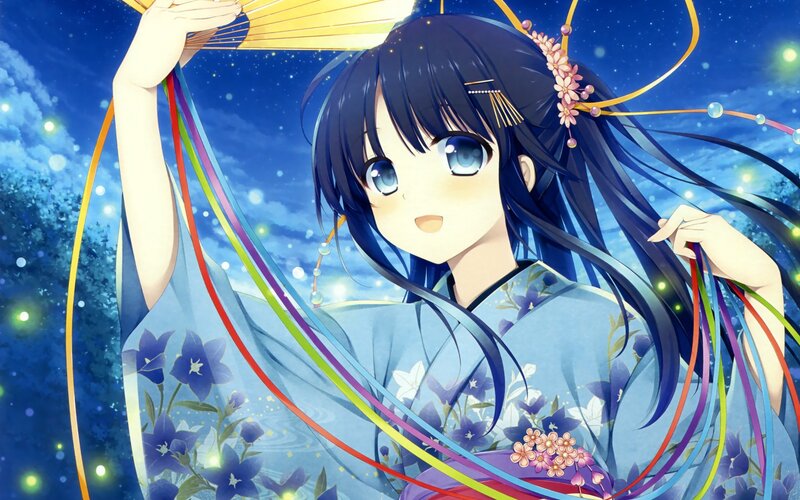 Anime Girl with Fan — Blue, Serene, Night, Kimono, Ribbons