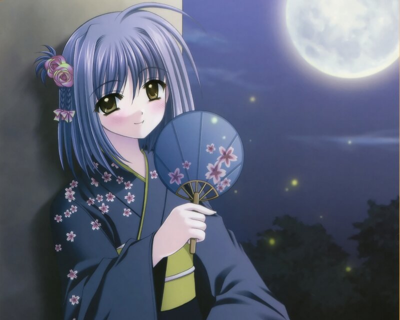 Anime Girl with Fan — Blue, Serene, Night, Kimono