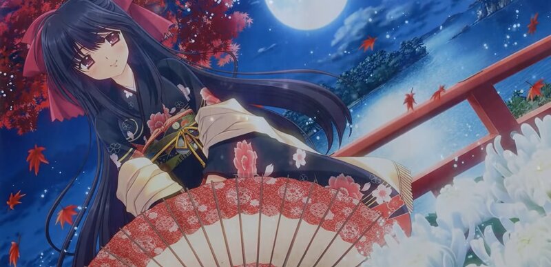 Anime Girl with Fan — Blue, Serene, Night, Maple Leaves