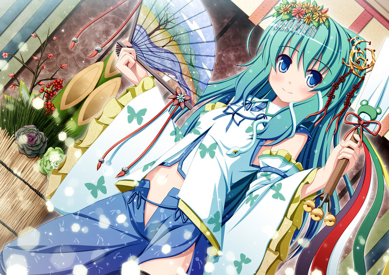 Anime Girl with Fan — Blue, Serene, Spring
