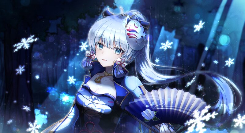 Anime Girl with Fan — Blue, Serene, Winter, Digital Art