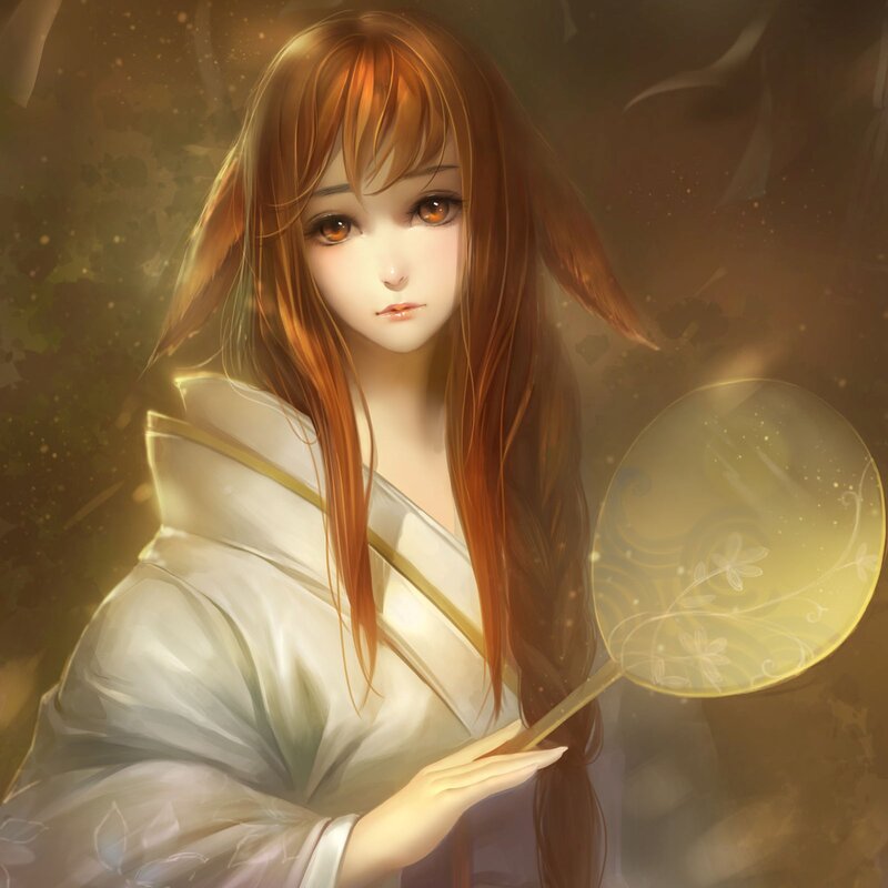 Anime Girl with Fan — Brown, Serene