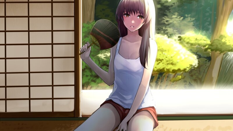 Anime girl with fan by window