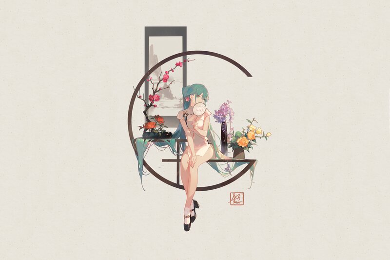 Anime Girl with Fan — Green, Serene, Digital Art