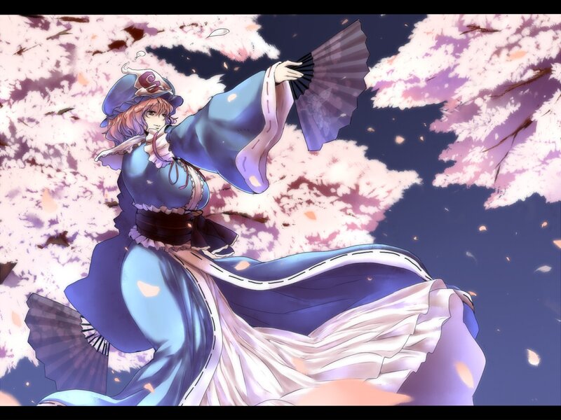 anime girl with fan in cherry blossoms