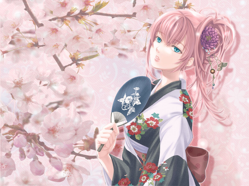 anime girl with fan in cherry blossoms