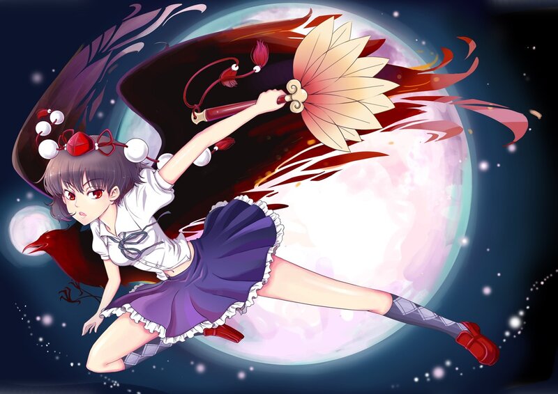 anime girl with fan in moonlight