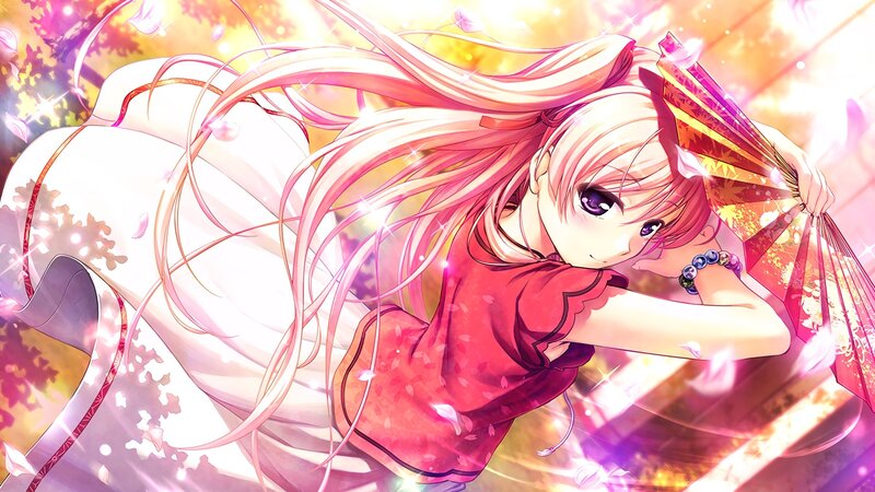 Anime Girl with Fan — Pink, Dreamy, Autumn