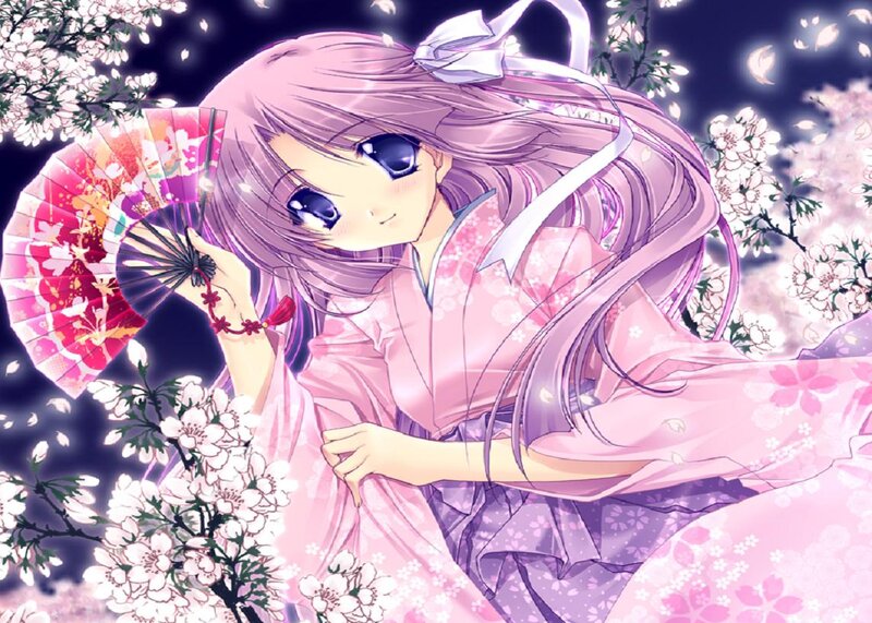 Anime Girl with Fan — Pink, Serene, Night, Kimono