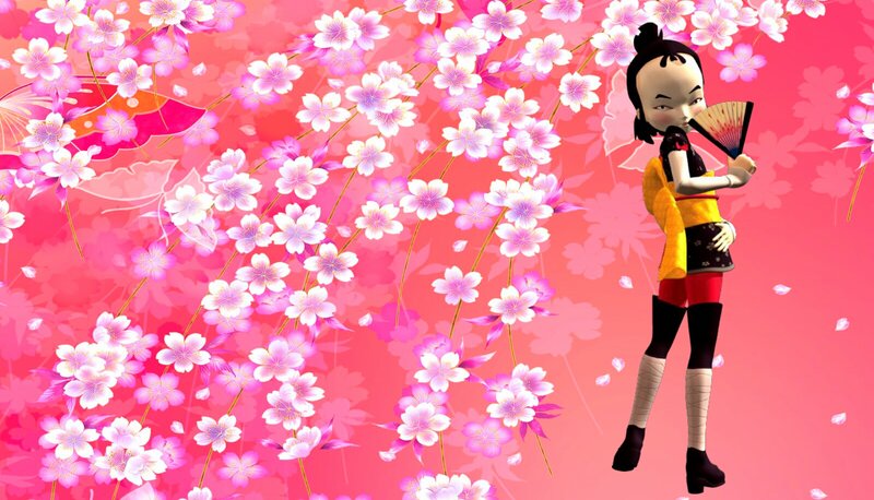 Anime Girl with Fan — Pink, Serene, Spring, 3d Render