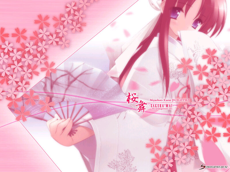 Anime Girl with Fan — Pink, Serene, Spring, Cherry Blossoms, Kimono