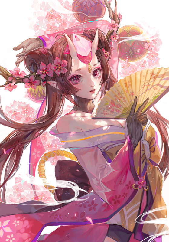 Anime Girl with Fan — Pink, Serene, Spring, Digital Art, Cherry Blossoms