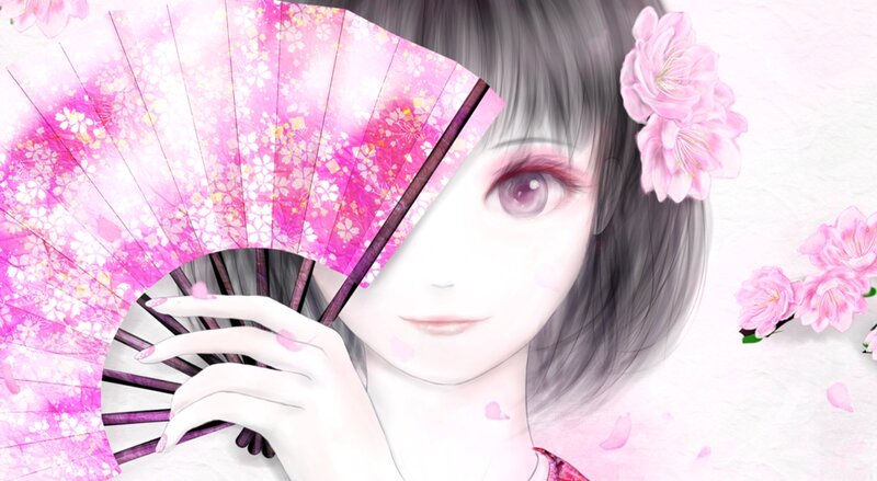 Anime Girl with Fan — Pink, Serene, Spring, Digital Art, Flower