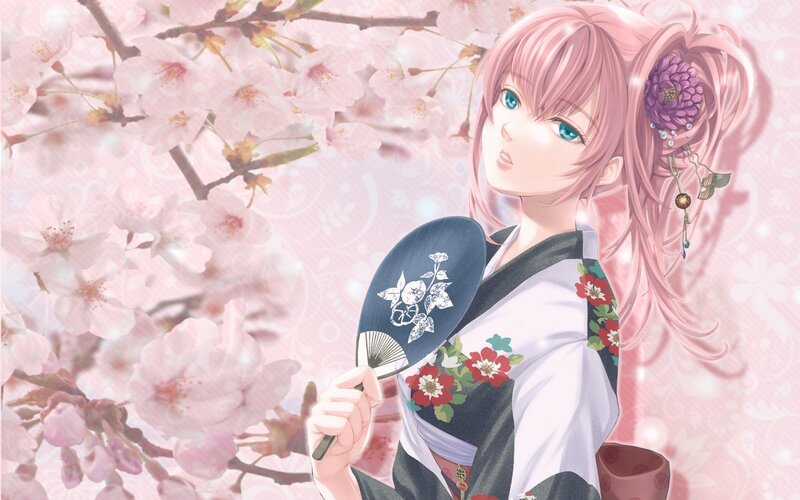 Anime Girl with Fan — Pink, Serene