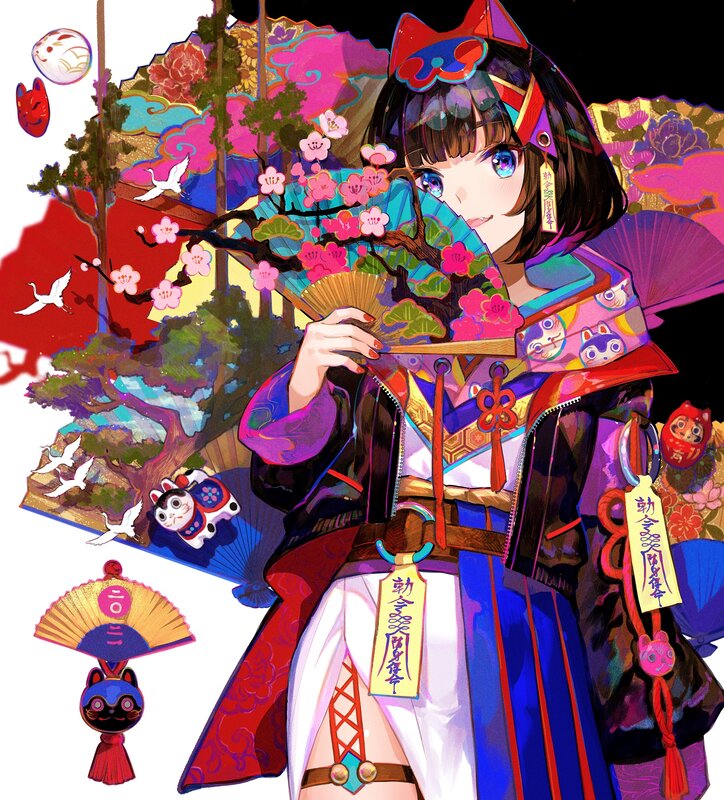 Anime Girl with Fan — Purple, Colorful