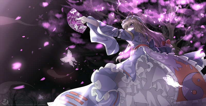 Anime Girl with Fan — Purple, Dramatic, Night, Digital Art, Cherry Blossoms