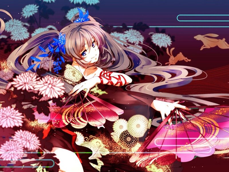 Anime Girl with Fan — Purple, Dramatic, Night, Digital Art, Flowers, Rabbit