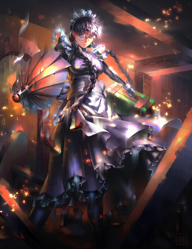 Anime Girl with Fan — Purple, Dramatic, Night, Digital Art, Glasses