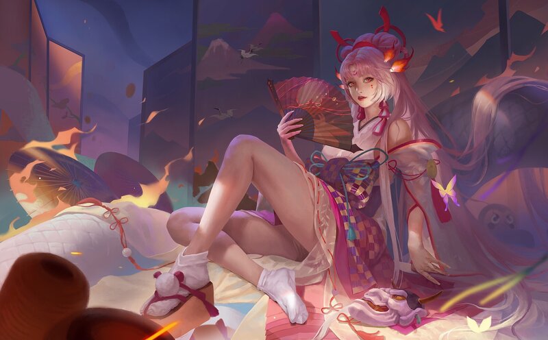 Anime Girl with Fan — Purple, Dramatic, Night, Digital Art, Mountain