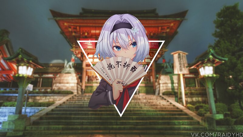 Anime Girl with Fan — Purple, Dramatic, Night, Digital Art, Temple
