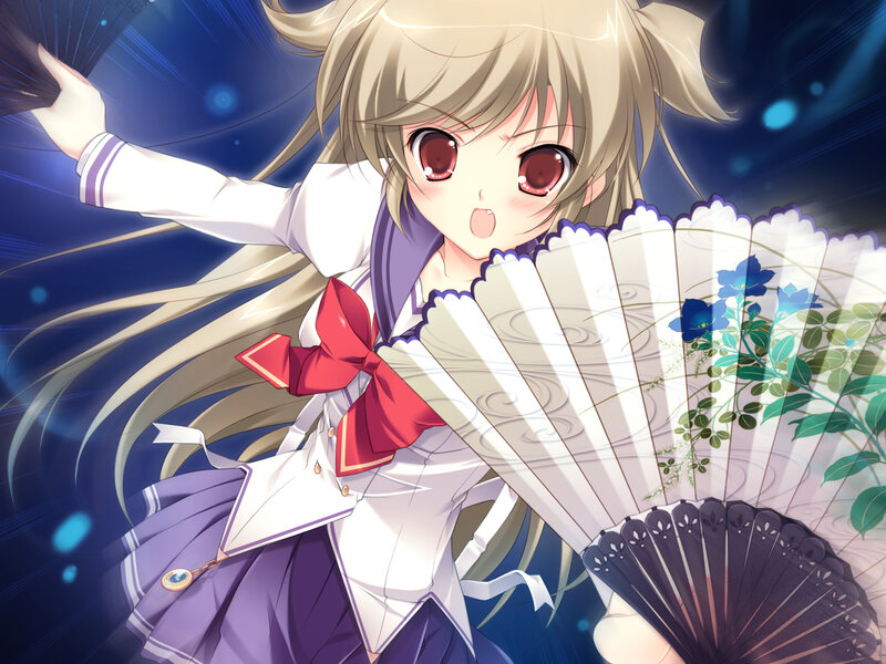Anime Girl with Fan — Purple, Dramatic, Night, School Uniform