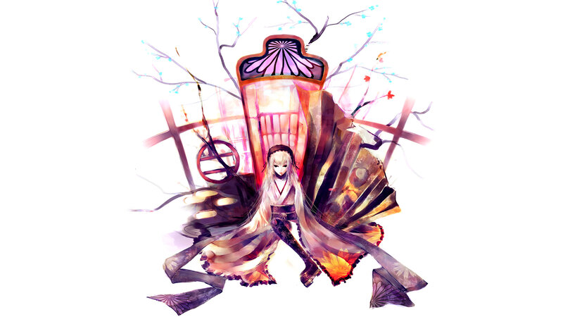 Anime Girl with Fan — Purple, Dreamy, Digital Art, Lantern