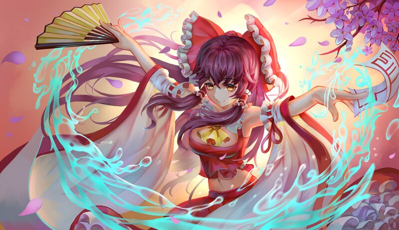Anime Girl with Fan — Purple, Dynamic, Spring, Digital Art