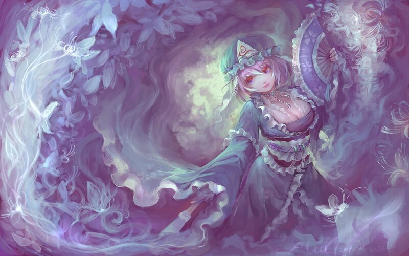 Anime Girl with Fan — Purple, Ethereal, Digital Art