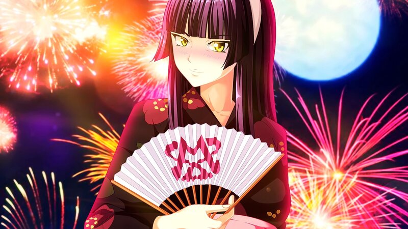 Anime Girl with Fan — Purple, Festive, Night