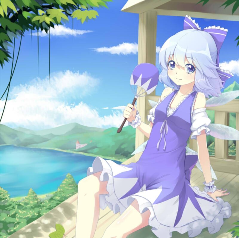 Anime Girl with Fan — Purple, Serene, Afternoon