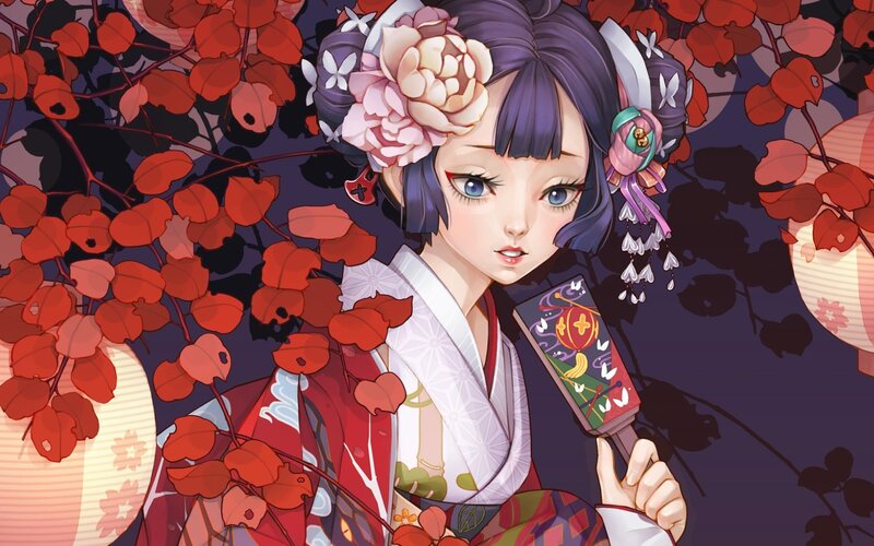 Anime Girl with Fan — Purple, Serene, Autumn